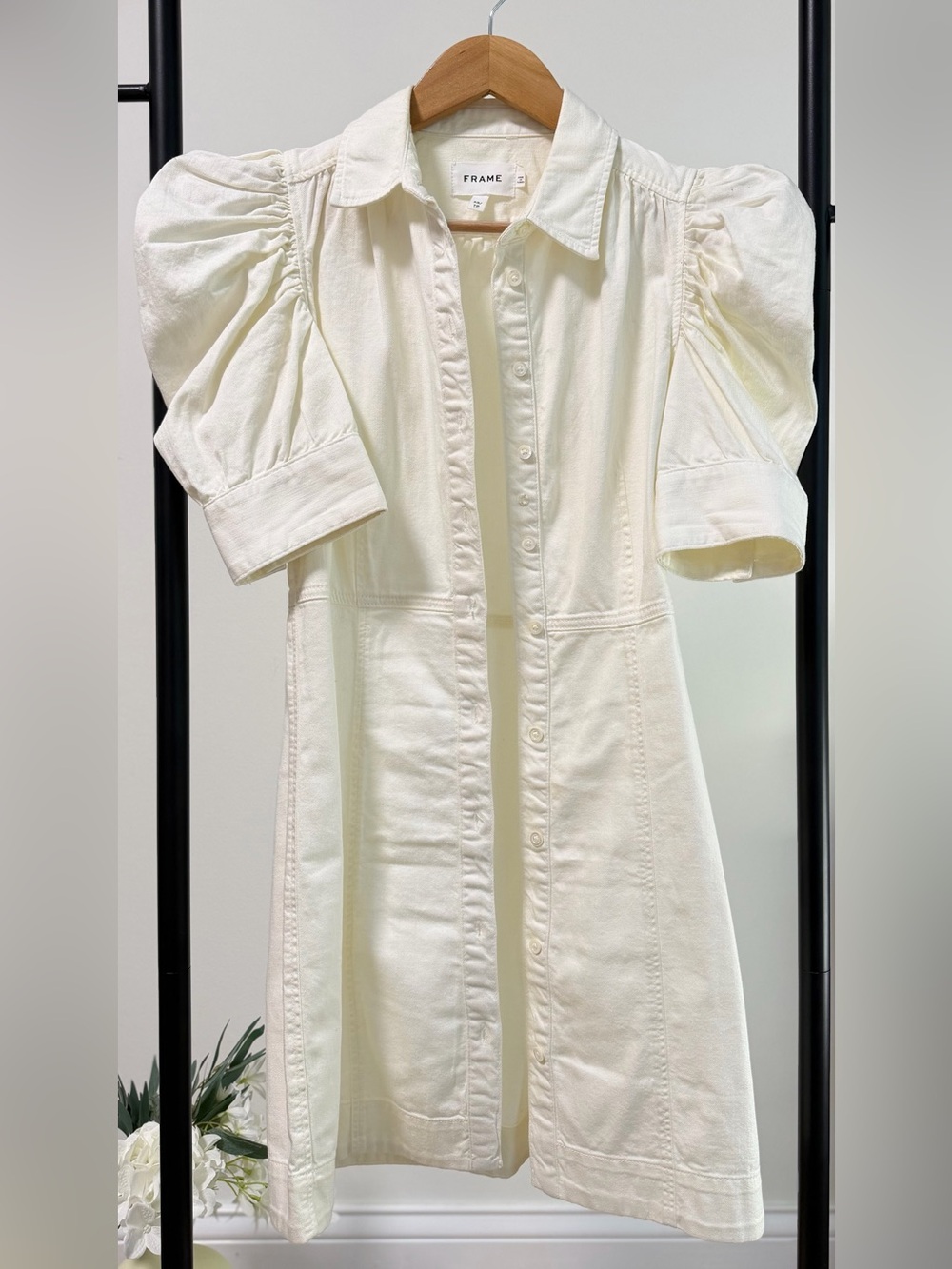 FRAME Gillian Puff Sleeve Mini Dress Ecru White 100% Cotton